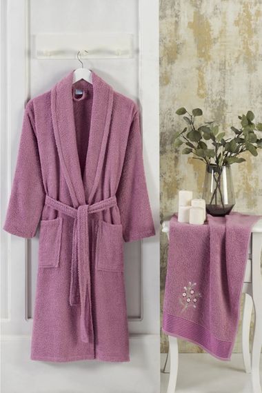 Unisex Dried Rose Embroidered Towel And Bathrobe Set