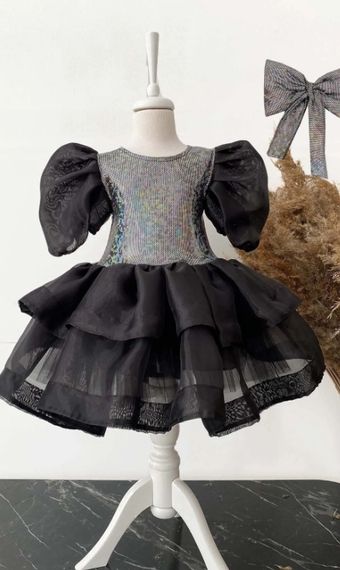 Kız Çocuk Siyah Organze Abiye Elbise, Parti Elbisesi, Doğum Günü Abiye Elbise, Bandana - fotoğraf 1