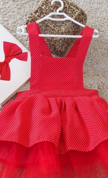 Kırmızı Puantiyeli Kız Çocuk Tütü Elbise Bandana Takım - fotoğraf 1