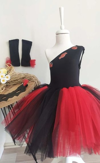 Siyah Tek Omuz Halloween Kız Çocuk Elbise 3'lü Set, Doğum Günü Elbisesi, Cadılar Bayramı Elbisesi - fotoğraf 4