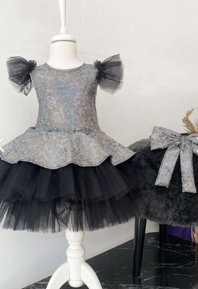 Kız Çocuk Siyah Tüllü Abiye Elbise, Parti Elbisesi, Doğum Günü Abiye Elbise, Bandana - fotoğraf 1
