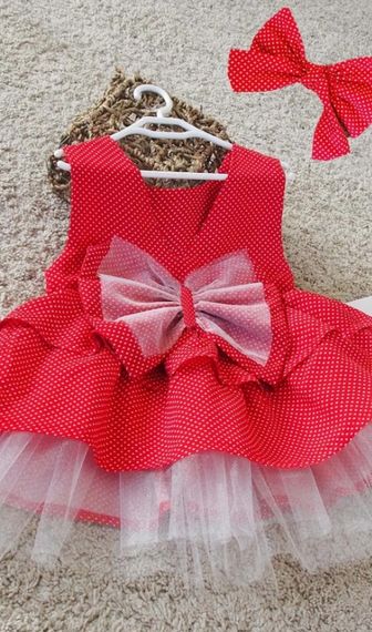 Kırmızı Puantiyeli Fiyonklu Kız Çocuk Tütü Elbise Bandana Takım 1-8 Yaş - fotoğraf 1