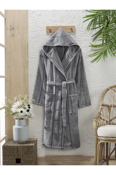 Cotton Velvet Hooded Unisex Anthracite Bathrobe