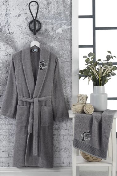 Unisex Anthracite Embroidered Towel And Bathrobe Set