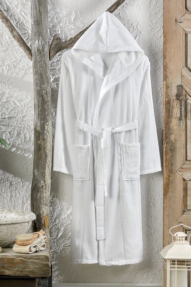 Cotton Velvet Hooded Unisex White Bathrobe