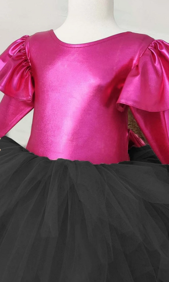 Fuşya Siyah Fiyonklu Kız Çocuk Tütü Elbise, Uzun Kollu Fuşya Doğum Günü Elbisesi, Bandana