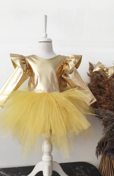 Sarı Fiyonklu Kız Çocuk Tütü Elbise, Uzun Kollu Sarı Doğum Günü Elbisesi, Bandana - fotoğraf 2