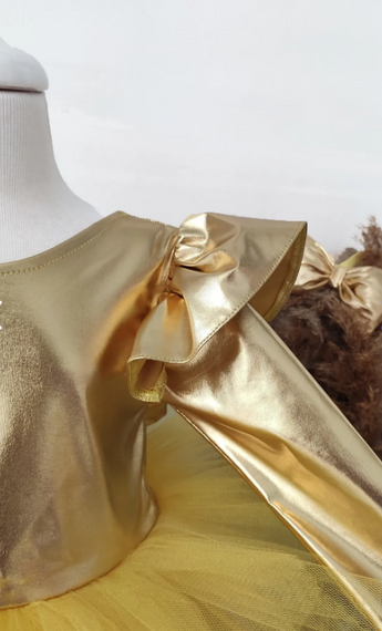 Sarı Fiyonklu Kız Çocuk Tütü Elbise, Uzun Kollu Sarı Doğum Günü Elbisesi, Bandana - fotoğraf 3