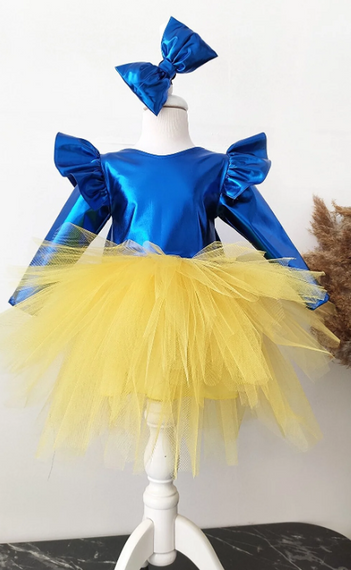 Синя сукня-тюль з бантами для дівчаток з довгими рукавами, святкове вбрання на день народження з банданою - фото 2