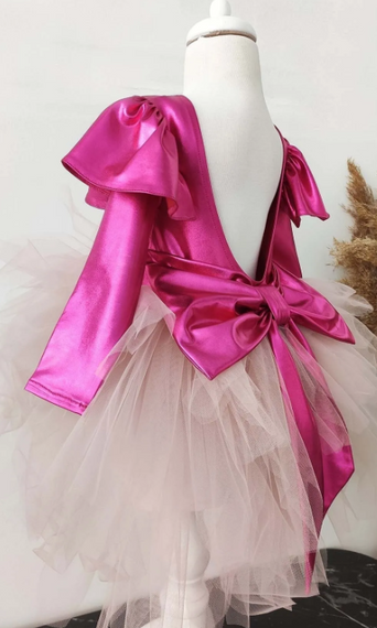 Сукня для дівчаток фуксія з бантом, довгі рукави, святкова сукня на день народження з банданою - фото 2