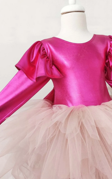 Сукня для дівчаток фуксія з бантом, довгі рукави, святкова сукня на день народження з банданою - фото 3