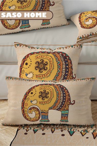 Ethnic Indian Embroidered Elephant Pattern 3D Digital Printed Cushion Cover on Cream Background - photo 2