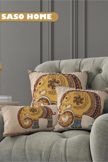 Ethnic Indian Embroidered Elephant Pattern 3D Digital Printed Cushion Cover on Cream Background - photo 3