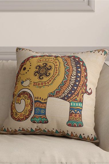 Ethnic Indian Embroidered Elephant Pattern 3D Digital Printed Cushion Cover on Cream Background - photo 4