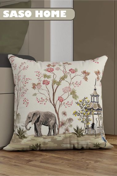 Cream Elephant And Roses Patterned Decorative Gift Pillow - photo 1