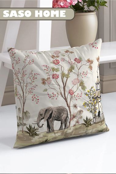 Cream Elephant And Roses Patterned Decorative Gift Pillow - photo 3