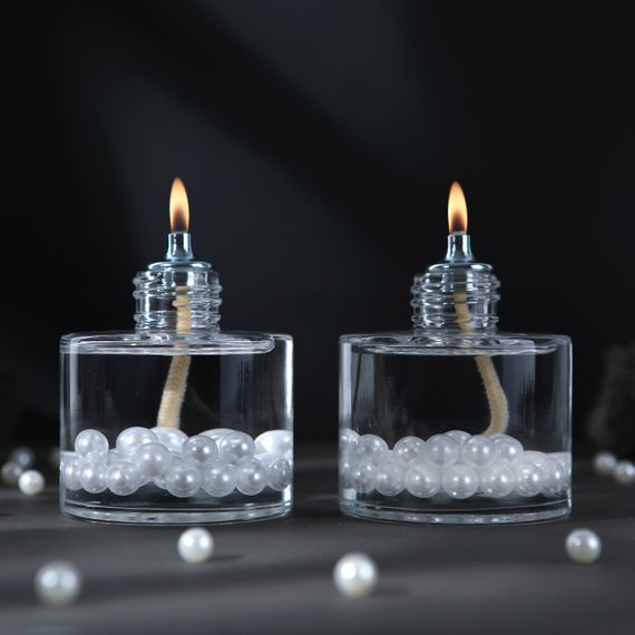 White Pearl Cylinder Decorative Oil Lamp Candle Set of 2