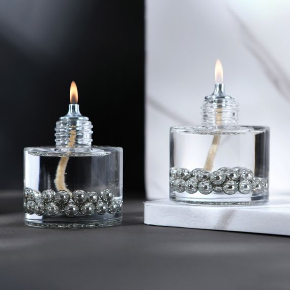 Silver Pearl Cylinder Decorative Oil Lamp Candle Set of 2