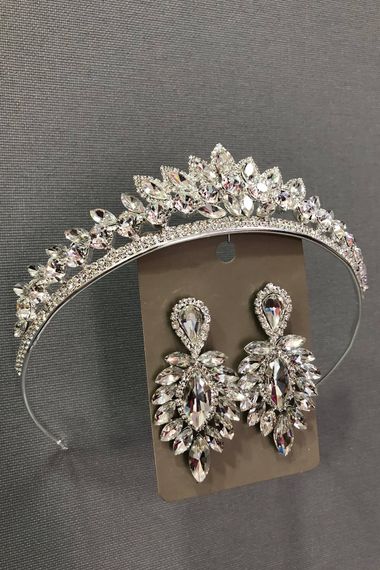 Silver Color Bridal Crown And Earring Set With Crystal Glass Stone