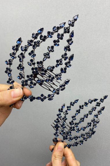 Navy Blue Double Sided Leaf Patterned Hair Accessory Henna Crown - photo 3