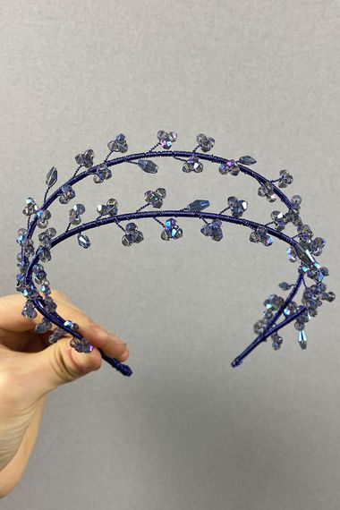 Indigo Blue Double Row Leva Crystal Beaded Bridal Henna Crown - photo 3