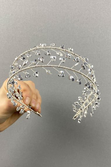 Silver Gray Double Row Leva Crystal Beaded Bridal Henna Crown - photo 3