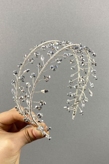 Silver Gray Double Row Leva Crystal Beaded Bridal Henna Crown - photo 4