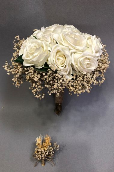 White Velvet Rose and Gypsum Bridal Bouquet