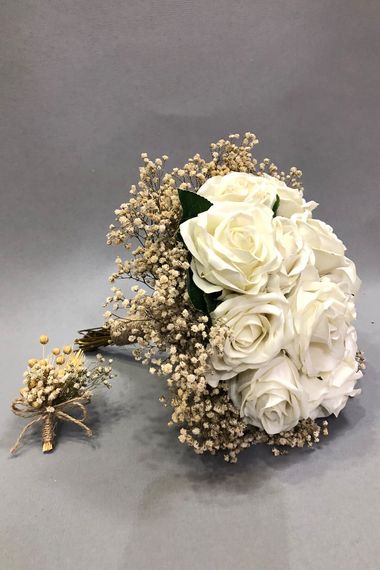 White Velvet Rose and Gypsum Bridal Bouquet