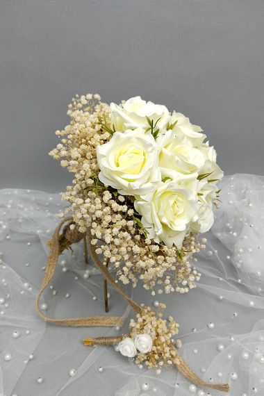 Cream Gypsum Rose Flower Bride Bouquet And Groom Boutonniere - photo 1