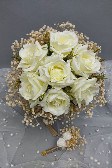 Cream Gypsum Rose Flower Bride Bouquet And Groom Boutonniere - photo 2