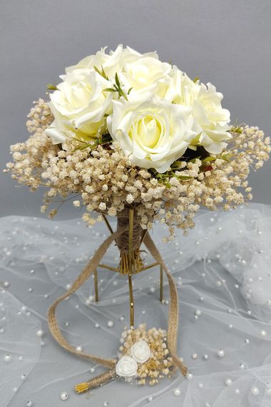 Cream Gypsum Rose Flower Bride Bouquet And Groom Boutonniere - photo 3