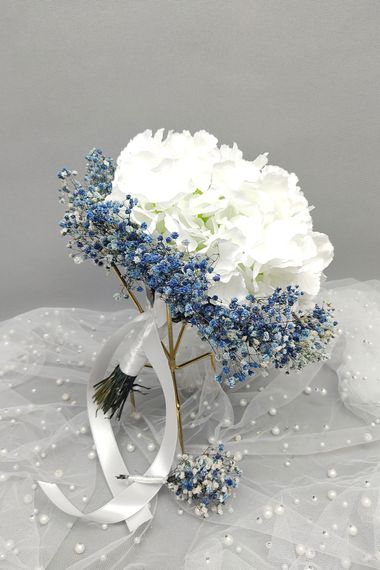 White Hydrangea Bride and Groom Boutonniere - photo 1