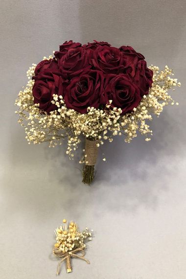 Bridal Bouquet with Red Roses and Gypsum