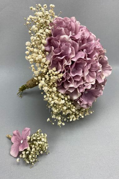 Bride Bouquet Groom Boutonniere with Dried Rose Hydrangea and Cream Gypsum - photo 1