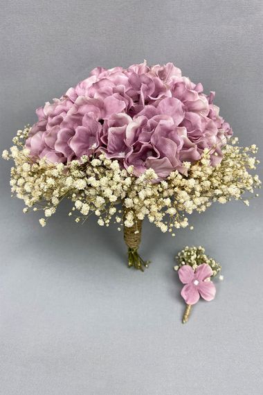 Bride Bouquet Groom Boutonniere with Dried Rose Hydrangea and Cream Gypsum - photo 3