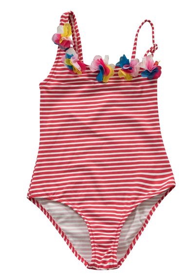 Endeep Girl's One-Shoulder Red Striped Accessory Swimsuit