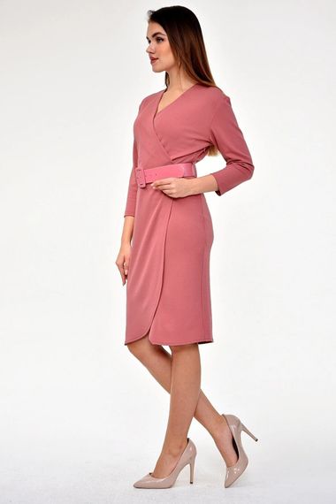 فستان من Apsen للسيدات من كريب مزدوج الصدر بحزام مفصل بطول متوسط الطول - صورة 2