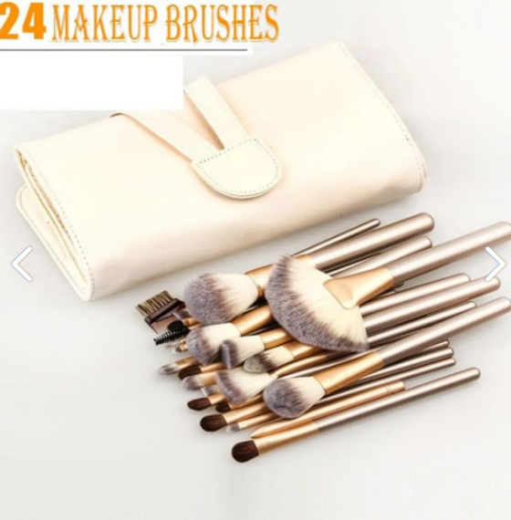 Maloom 24 Pcs Cosmetic Professional Makeup Brush Set with Leather Bag Metallic Champagne Color - photo 2
