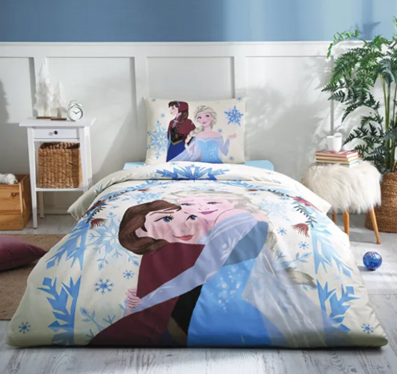 مجموعة غطاء لحاف للأطفال من Özdilek Frozen Winter Single مرخصة من ديزني وملاءة سرير مطاطية