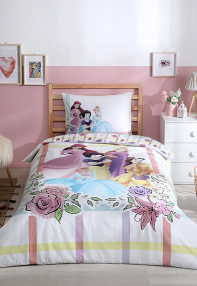مجموعة غطاء لحاف للأطفال من Özdilek Princess Flowers فردية مرخصة من ديزني وملاءة سرير مطاطية