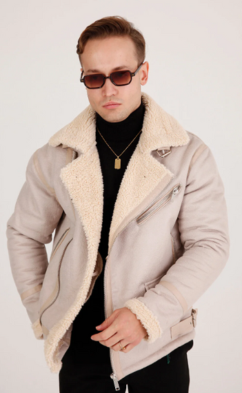 Men's Beige Thick Fur Leather Coat - photo 1