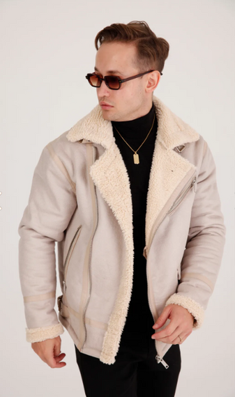 Men's Beige Thick Fur Leather Coat - photo 2