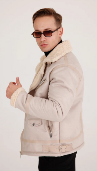 Men's Beige Thick Fur Leather Coat - photo 3