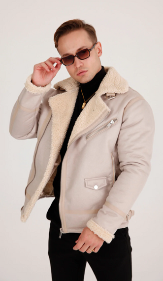 Men's Beige Thick Fur Leather Coat - photo 4