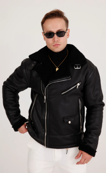 Men's Black Thick Shearling Leather Coat - photo 2