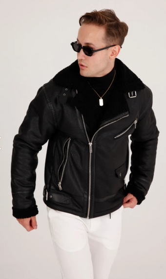Men's Black Thick Shearling Leather Coat - photo 3