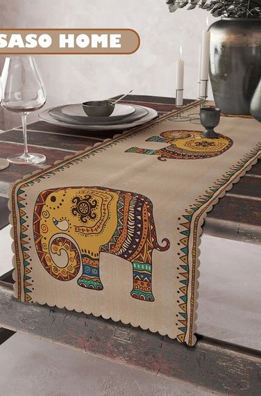 SasoHome Etnik Hint Işlemeli Fil Desenli Kaliteli Kadife Kumaş 45x140 Cm Dekoratif - Hediyelik Runner