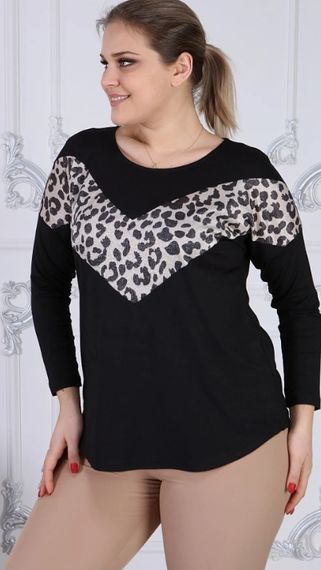 Gül Moda Kadın Siyah Büyük Beden V Leopar Detaylı Bluz G056 1l - photo 2